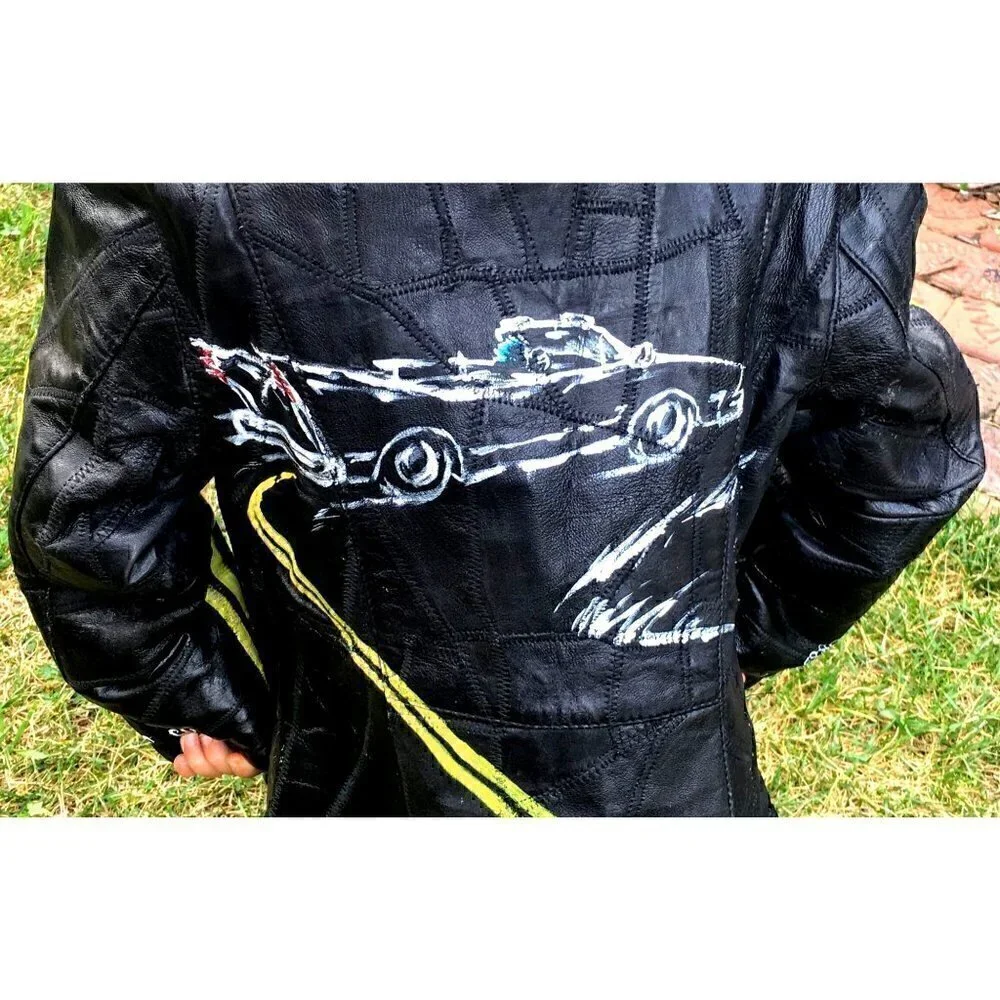 Vintage kids black leather patch zip-up jacket, yellow and white hand painted 4T